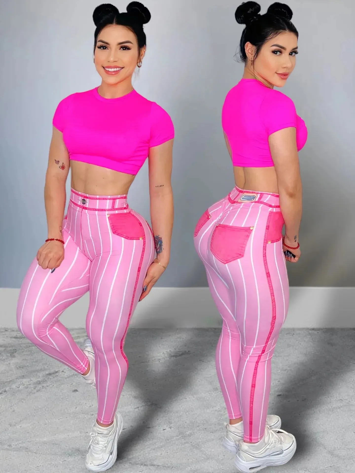 Women's High Waist Stripe Print Sports Leggings